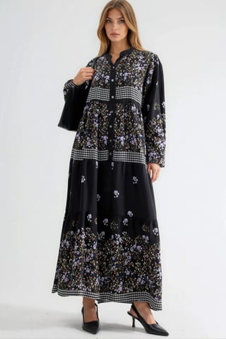 Gemustertes V-Ausschnitt-Maxikleid mit Knopfverschluss