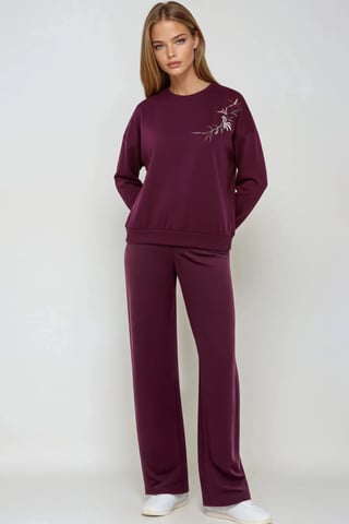 Besticktes Rundhals-Sweatshirt & Gerade Beine Hose Zwei-Teile-Set