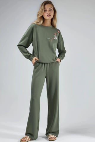 Bestickter Rundhals-Sweatshirt und gerade geschnittene Hose Zwei-Teile-Set