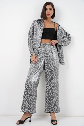 Leopardenmuster Hemd mit Knopfleiste und weite Satin-Hosen im 2-teiligen Set