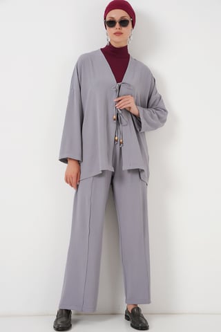 Strukturierter V-Ausschnitt langer Cardigan und Hosen Set
