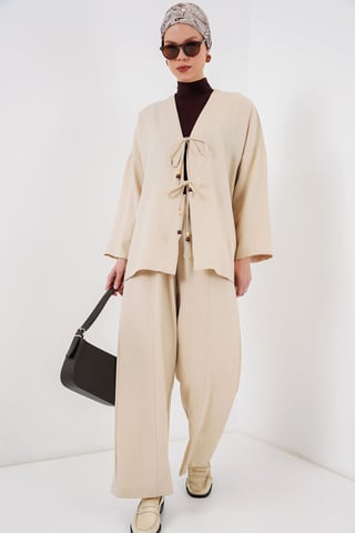 V-Ausschnitt Cardigan und Weitgeschnittene Hosen Set