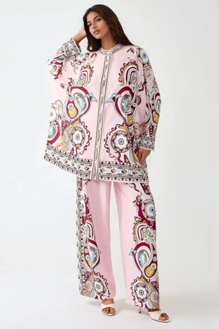 Gedrucktes Shirt & Hochtaillierte Weite Hose Zwei-Teiler Set