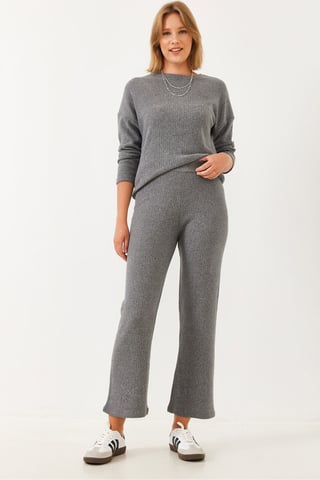 Rippstrukturiertes Crewneck-Pullover- und Hosen-Set