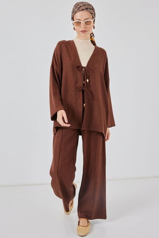 V-Ausschnitt Cardigan und weit geschnittene Hose Set