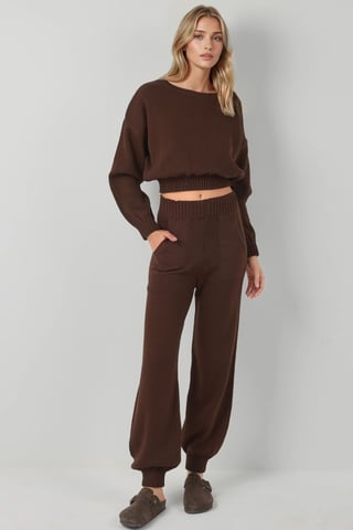 Rippdetail Cropped Rundhals-Pullover & Elastische Bündchen-Hosen Strick-Co-Ord-Set