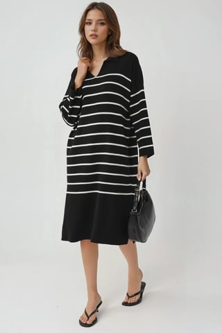 Gestreiftes V-Ausschnitt Midi-Strickkleid mit lockerer Passform und Schlitz