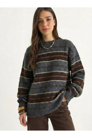 Gestreifter Strick-Pullover mit Rundhalsausschnitt