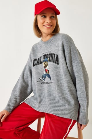 Übergrößiger bedruckter Rundhals-Pullover