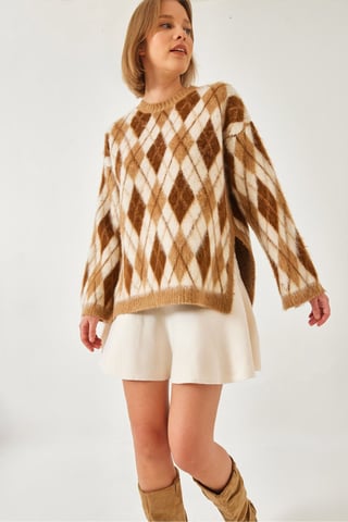 Crewneck Strickpullover mit Schlitz im Baklava-Muster