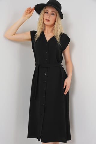 Strukturiertes V-Ausschnitt-Midikleid mit Knopfverschluss