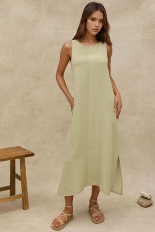 Strukturierter Baumwoll-Midi-Strandkleid mit Schlitz