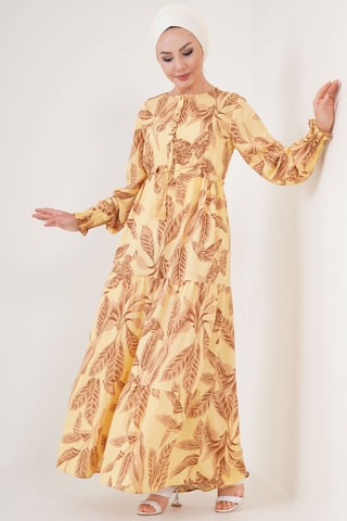 Blätterdruck Langarm Schichten-Maxikleid