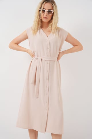 Texturiertes V-Ausschnitt-Midi-Kleid mit Knopfverschluss