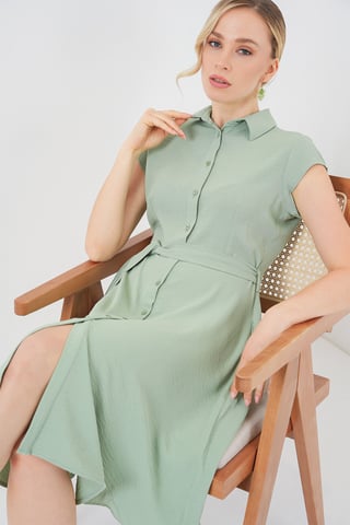Knopfkragen A-Form Midi Kleid mit Bindungsdetails