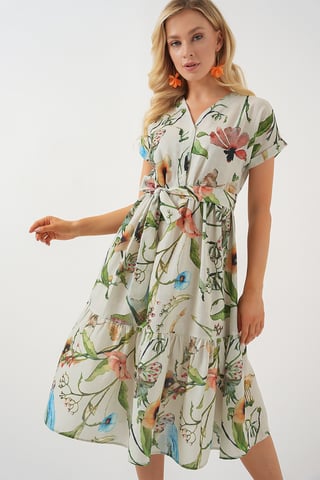 Blütendes V-Ausschnitt-Midi-Kleid mit Schleife