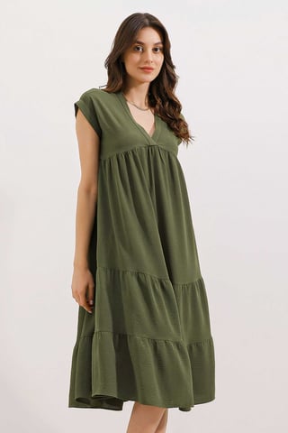 Rüschen V-Ausschnitt Midi-Kleid