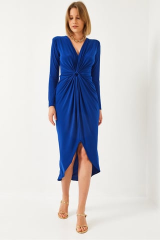 V-Ausschnitt Raffung Midi-Kleid