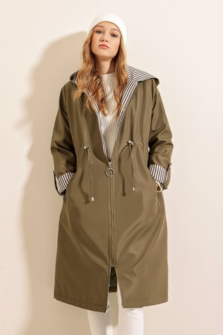 Hooded Striped Long Trenchcoat mit Kordelzug in der Taille