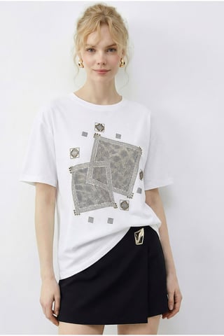 Crew-Neck Geometrisches Paillettendruck T-Shirt