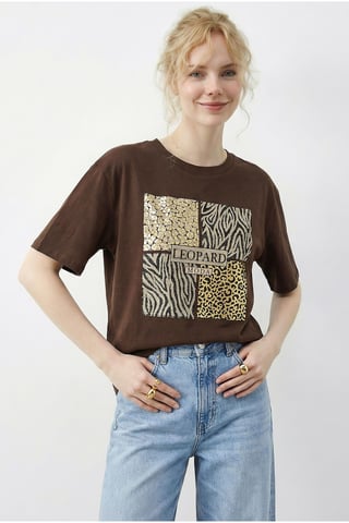 Leopardenmuster Paillettenshirt mit Rundhalsausschnitt