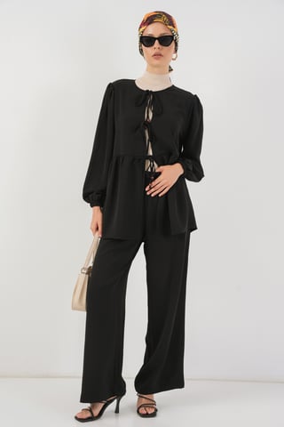 Crew-Neck Lange Tunika und Weitbeinige Hose Set