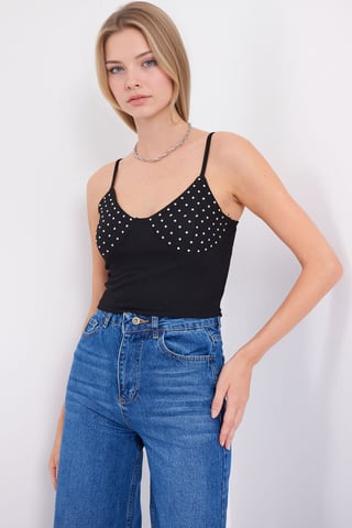 Steinverziertes Enges Crop Top mit V-Ausschnitt
