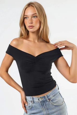 Off-Shoulder Enganliegendes Sandfarbenes Crop Top