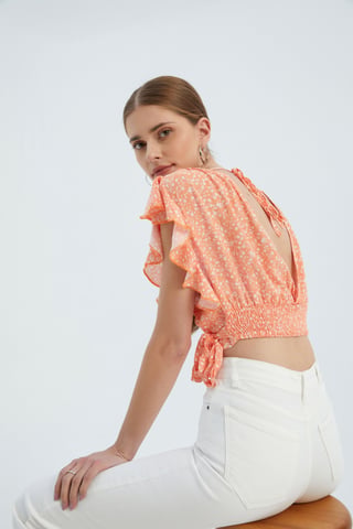 Blumiges V-Ausschnitt Crop Top mit Seitenschnürung
