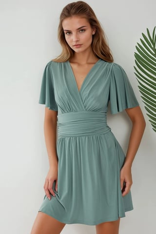 V-Ausschnitt Kurzarm Mini-Kleid