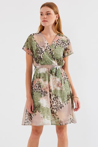 V-Ausschnitt Blumendesigner Mini-Kleid mit Bindegurt