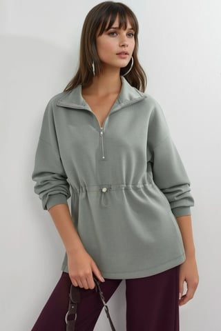 Reißverschluss-Kragen-Sweatshirt mit verstellbarem Bund