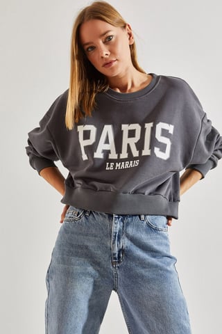 Kurz geschnittenes Sweatshirt mit Rundhals und Frontdruck