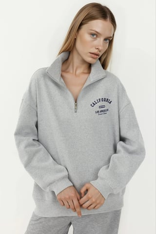 Bedruckter Reißverschluss-Kragen Relaxed Fit Sweatshirt