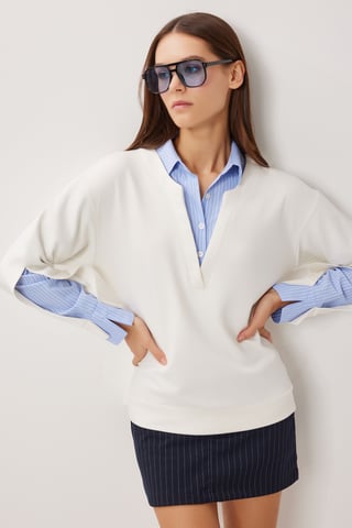 V-Ausschnitt Langarm-Sweatshirt mit Popeline-Detail