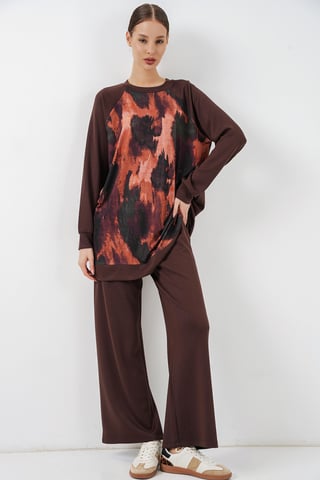 Oversize Tunika mit abstraktem Print und Hose Set