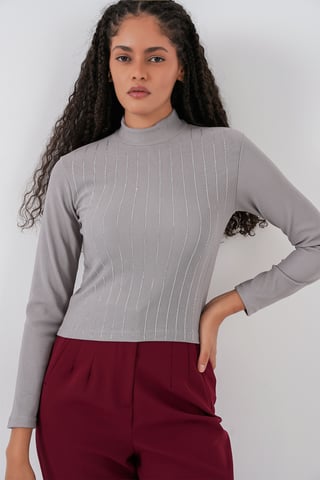 Gestreifter Halbturtleneck Langarm-Top mit Stein-Detail