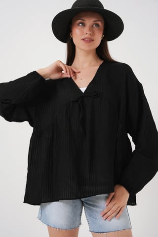 Strukturierte Seersucker V-Ausschnitt-Bluse mit Schleife