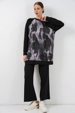 Oversize Abstrakter Druck Rundhals-Tunika & Hose Set