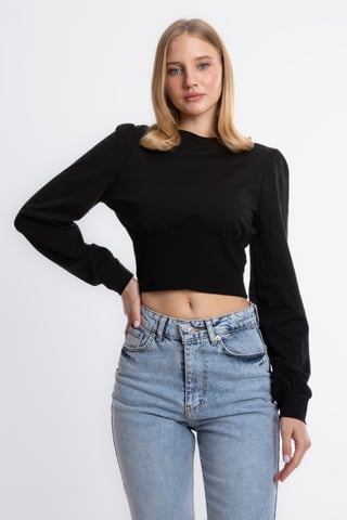 Rundhals Detailliertes Langarm Cropped Top