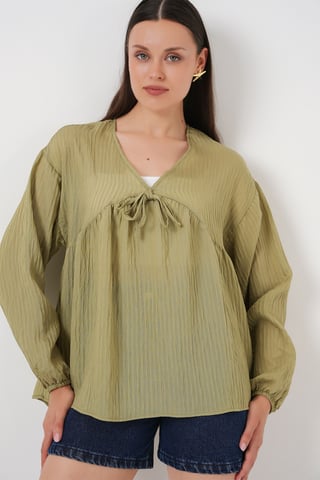 Strukturierte Seersucker V-Ausschnitt Bluse mit Schleife