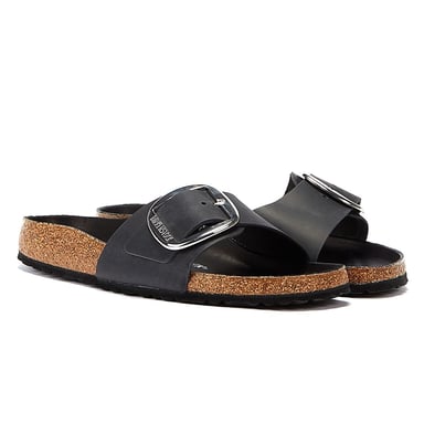 Einkaufen Für Madrid Große Schnalle Geöltes Leder Damen Sandalen Schwarz.