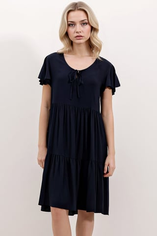 V-Ausschnitt Rüschenshirt Minikleid mit Schleife