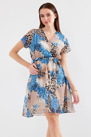 V-Ausschnitt Blüten-Minikleid mit Bindeband