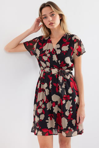 V-Ausschnitt Blühendes Mini-Kleid mit Bindungsverschluss