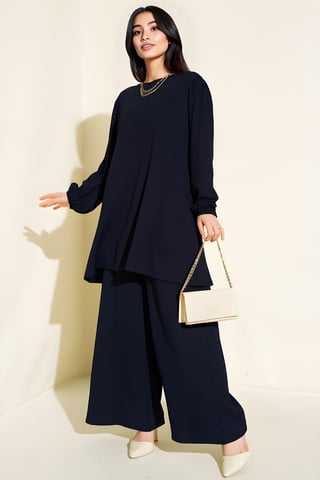 Strukturierte Langarm-Tunika und weit geschnittene Hose Set