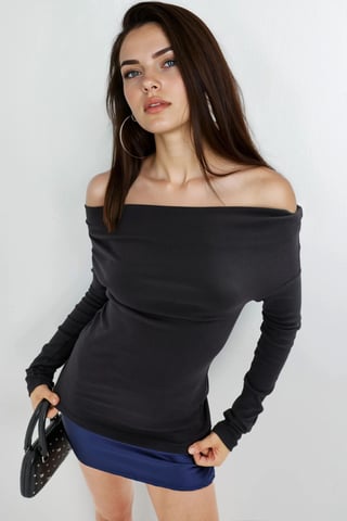 Busem Bootsausschnitt figurbetonte Bluse - Schwarz
