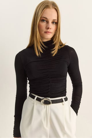 Slim Fit Halb-Stehkragenbluse mit Drapierung