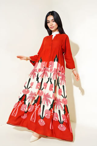 Bedrucktes V-Ausschnitt Maxikleid mit Knopfverschluss