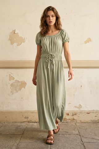 Maxikleid mit quadratischer Halslinie und Bindegürtel